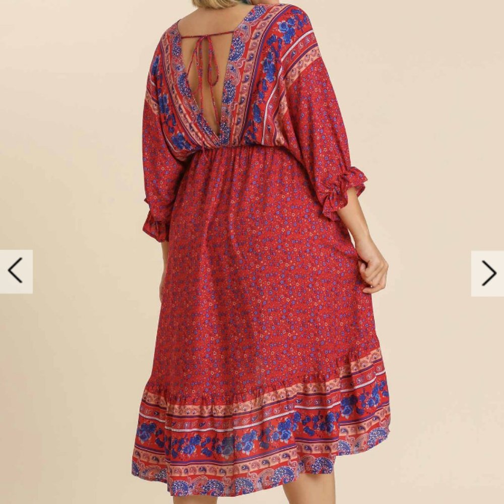 250.Women's Mixed Print V-Neck Midi Dress with Back Tie Details NWT - Picture 4 of 4